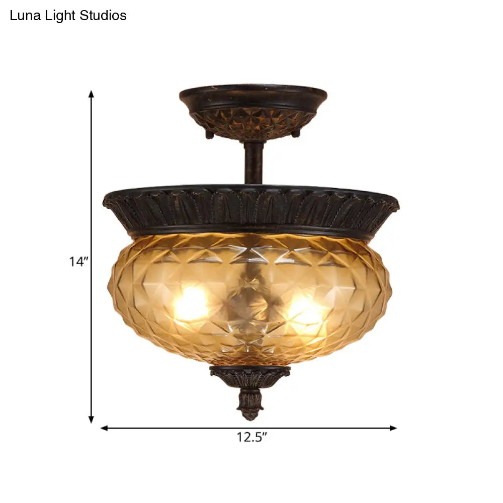 2 - Light Countryside Black Semi Flush Ceiling Light With Prismatic Glass - Ideal For Dining Room