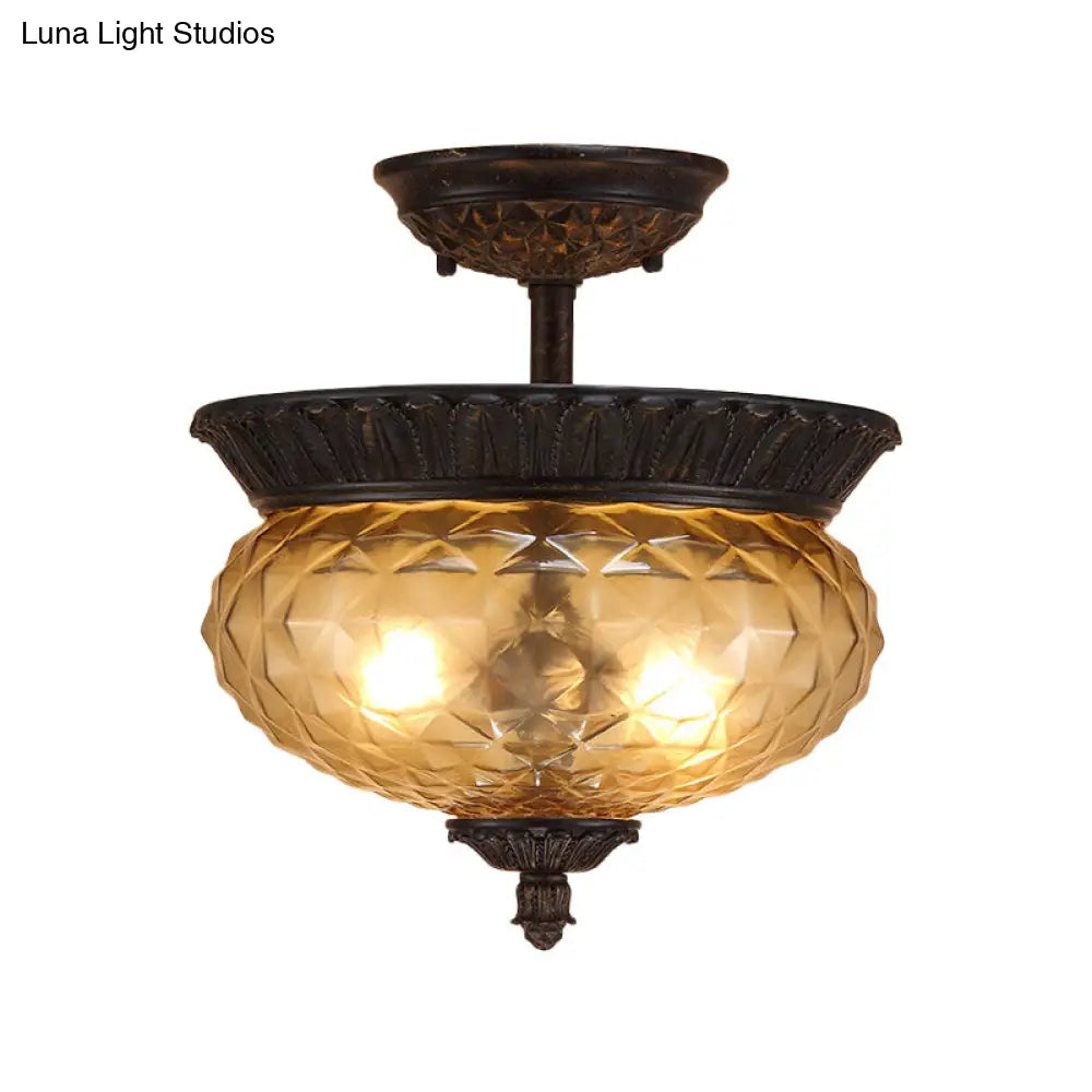 2-Light Countryside Black Semi Flush Ceiling Light With Prismatic Glass - Ideal For Dining Room