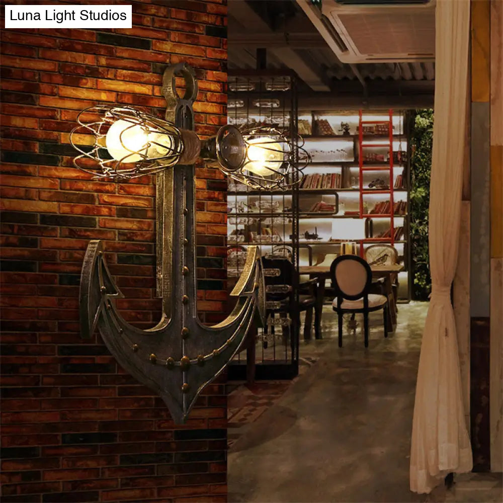 2-Light Nautical Industrial Wall Lamp: Anchor Design Wrought Iron Sconce Lighting For Restaurants