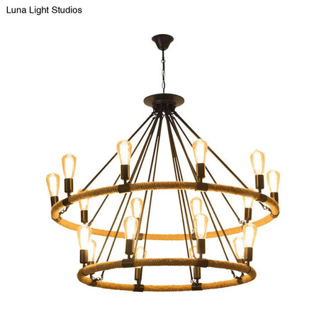 2-Tier Industrial Chandelier With 18 Hanging Lights Beige Rope Pendant Lamp For Restaurants