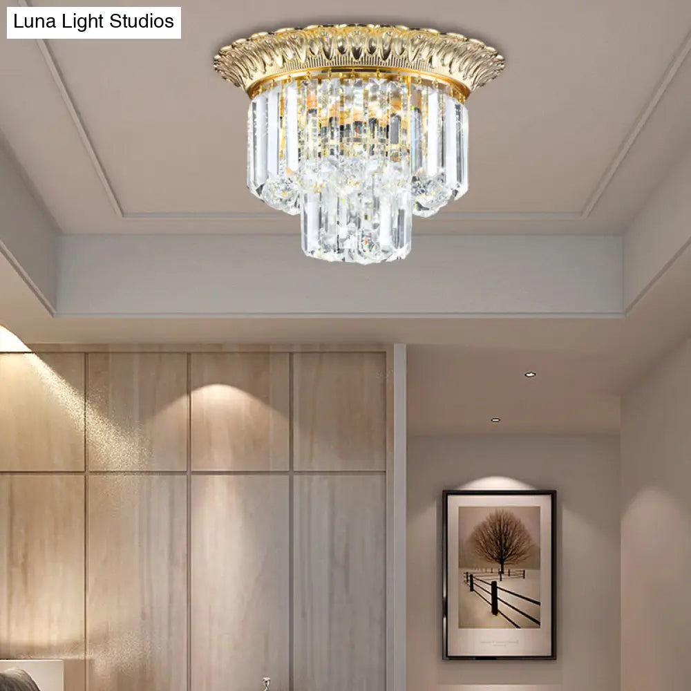 2-Tier Minimalist Crystal Flush Light With Led Golden Indoor Ceiling Lighting 14/16 Diameter