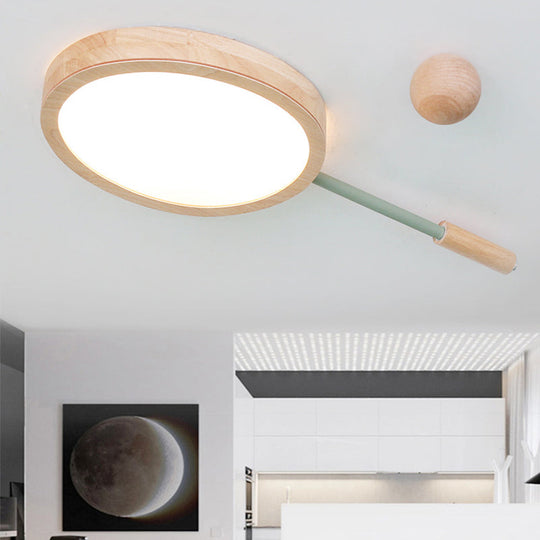 Kindergarten Flush Mount Led Ceiling Light - Creative Tennis Shape Acrylic & Wood Beige Green / Warm