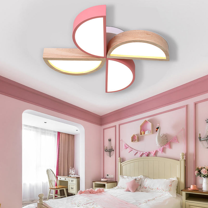 Cartoon-Inspired 4-Head Toy Windmill Led Flush Ceiling Light For Nursing Room Wooden And Metal Lamp