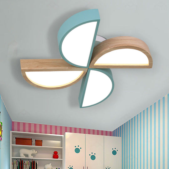 Cartoon-Inspired 4-Head Toy Windmill Led Flush Ceiling Light For Nursing Room Wooden And Metal Lamp