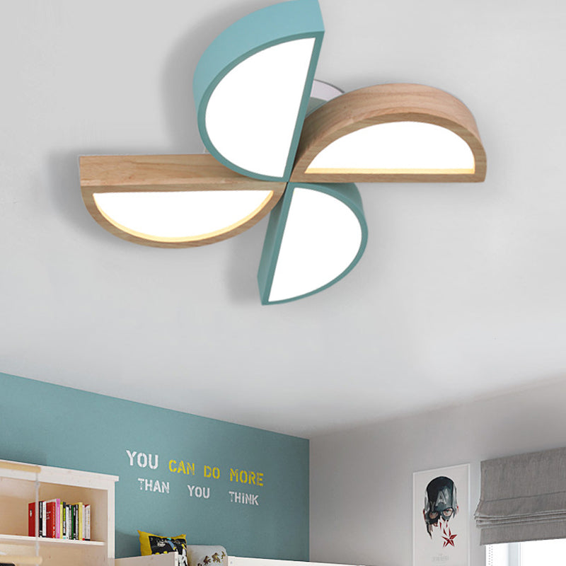 Cartoon-Inspired 4-Head Toy Windmill Led Flush Ceiling Light For Nursing Room Wooden And Metal Lamp