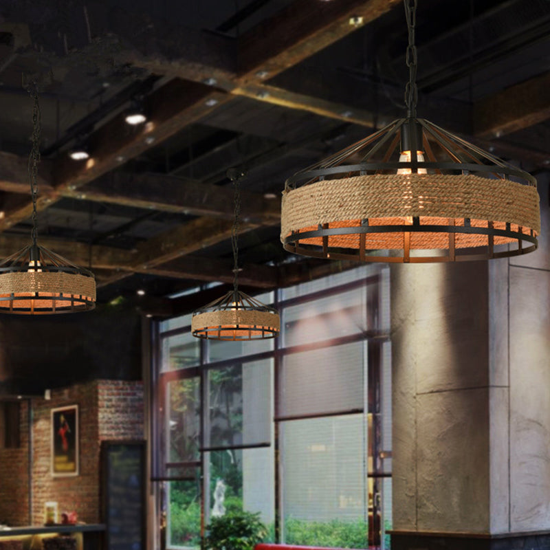Metal Barn Hanging Ceiling Light: Antiqued 1 Bulb Pendant With Jute Rope Drop Black - Perfect For