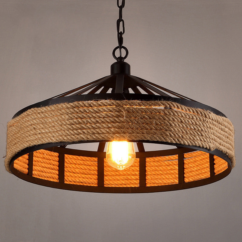 Metal Barn Hanging Ceiling Light: Antiqued 1 Bulb Pendant With Jute Rope Drop Black - Perfect For
