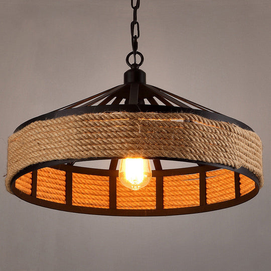 Metal Barn Hanging Ceiling Light: Antiqued 1 Bulb Pendant With Jute Rope Drop Black - Perfect For