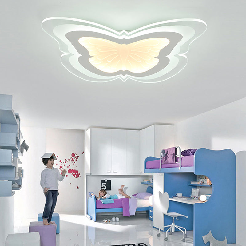 Butterfly Led Ceiling Light For Kindergarten Hallway - White Insect - Themed Acrylic Flush Mount /