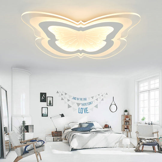 Butterfly Led Ceiling Light For Kindergarten Hallway - White Insect-Themed Acrylic Flush Mount