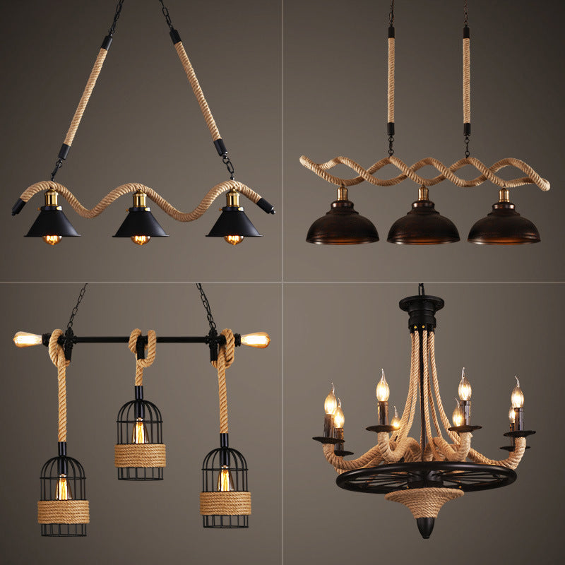 Farmhouse 3-Head Beige Geometry Pendant Light With Rope For Dining Room Or Island