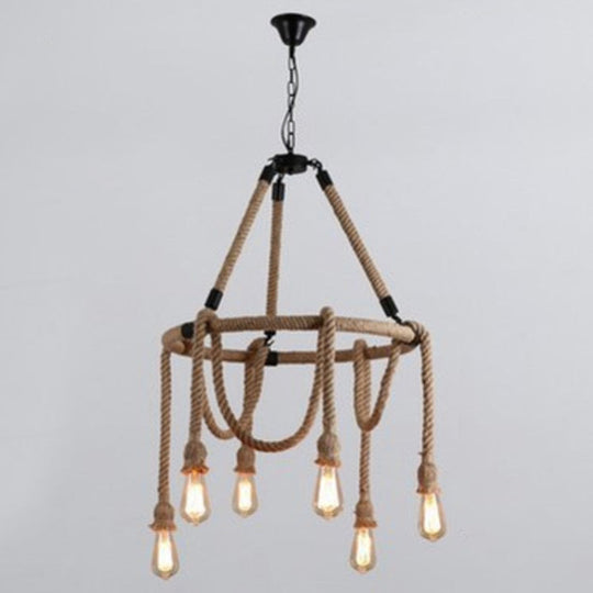 Hemp Rope Chandelier Pendant Light Kit In Antiqued Beige For Restaurants With Exposed Bulb