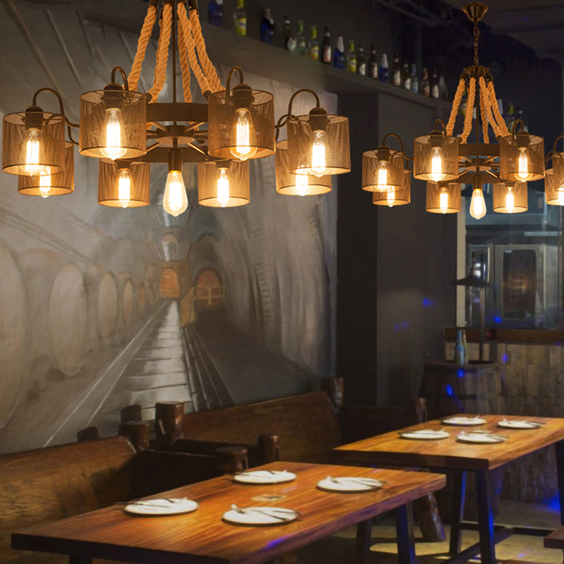 Factory Dining Room Chandelier: Wagon Wheel Metal Pendant Light Kit With Jute Rope In Black