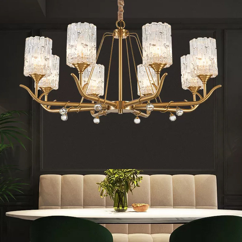 Hand-Blown Textured Glass Chandelier - 3/6/8-Light Postmodern Brass Cylinder Dining Room Ceiling