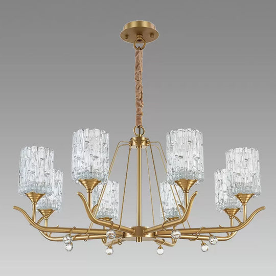 Hand-Blown Textured Glass Chandelier - 3/6/8-Light Postmodern Brass Cylinder Dining Room Ceiling