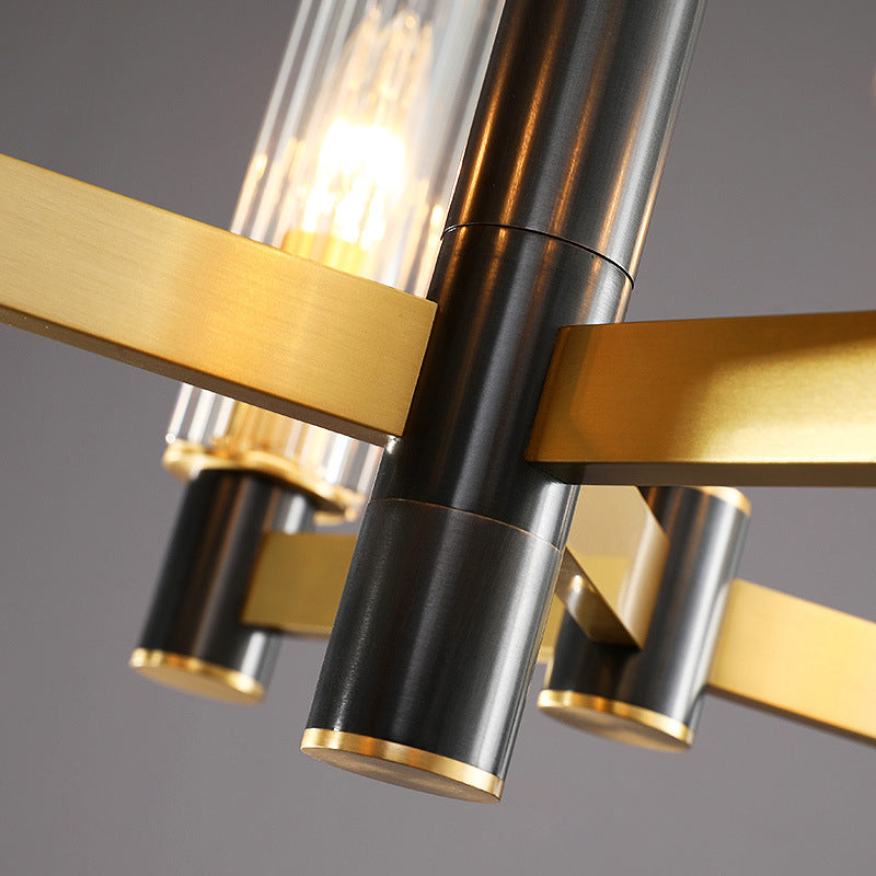 Postmodern Yellow-Black Chandelier Light With Prismatic Glass Tubular Design - 6/8/9 Bulbs Hanging