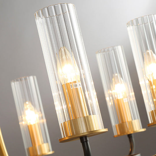 Postmodern Black/Gold Tube Up Chandelier - 6/8 Lights Clear Ribbed Glass Curved Arm