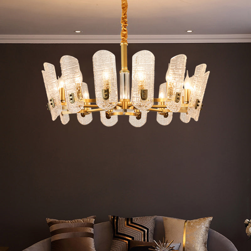 Postmodern Clear Crackle Glass Oval Pendant Light - Brass 14/16 Heads Ceiling Chandelier