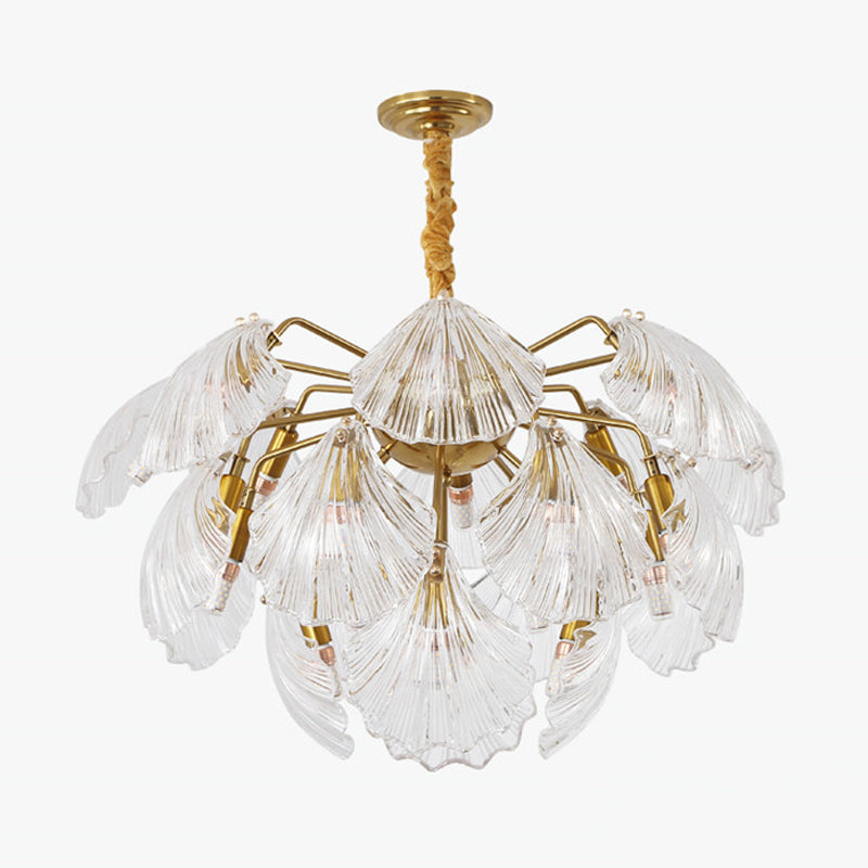 Layered Scallop Hanging Light - Nautical Gold Glass Pendant Chandelier (15/20 Bulbs)