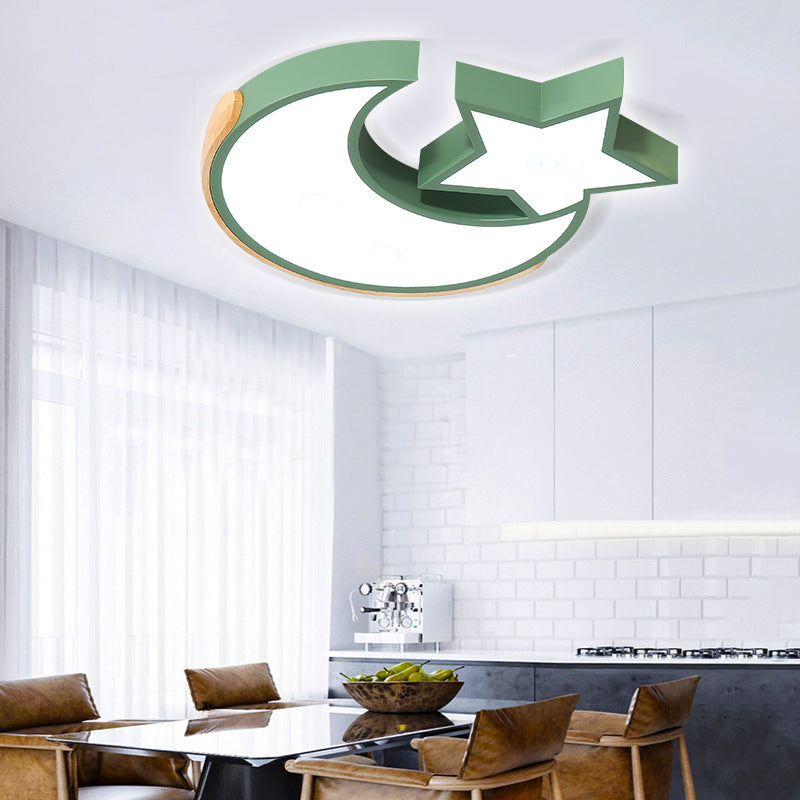 Macaron Star Moon Led Ceiling Mount Light In Nordic Style Grey/Blue/Green - Ideal For Bedrooms Green