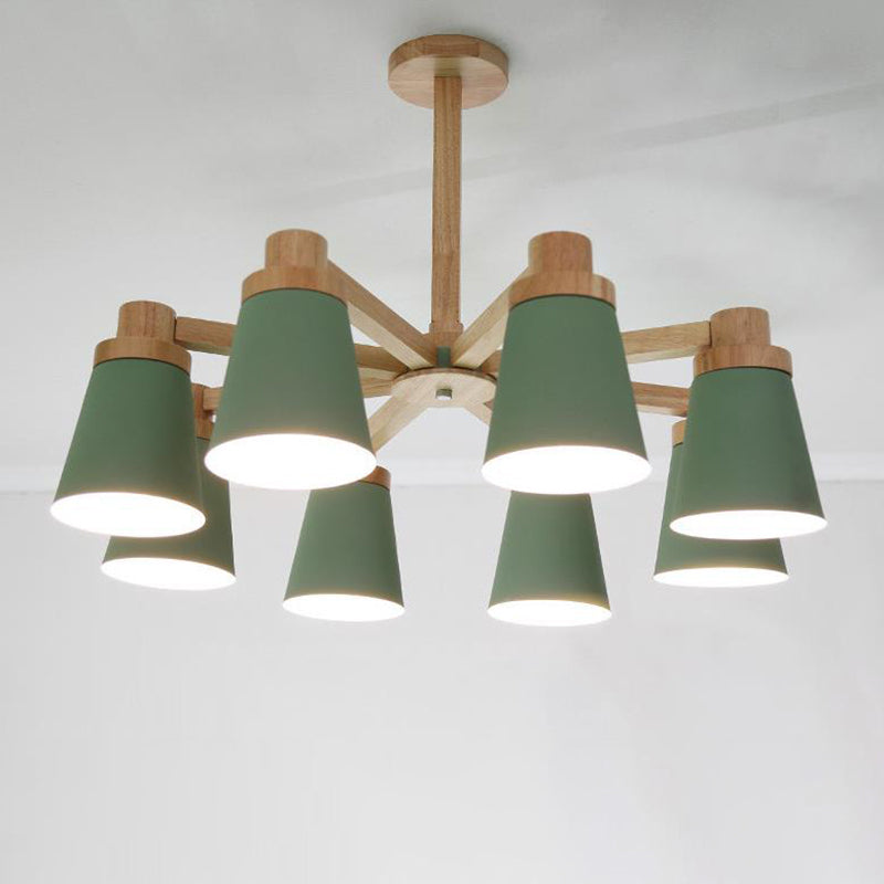 Modern 8-Light Wood Chandelier With Metal Barrel Shade Pendant Kit Green