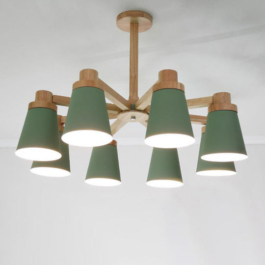 Modern 8-Light Wood Chandelier With Metal Barrel Shade Pendant Kit Green