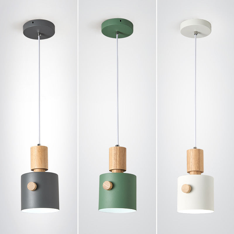 Modern Metal Pendant Light Kit With Wood Grip - Single Head Dining Room Ceiling Lamp