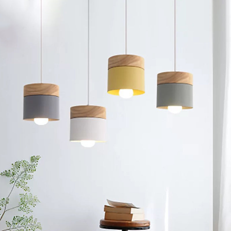 Sleek Metal Cylinder Pendant Lamp With Wood Top - 1-Bulb Down Lighting For Dining Room