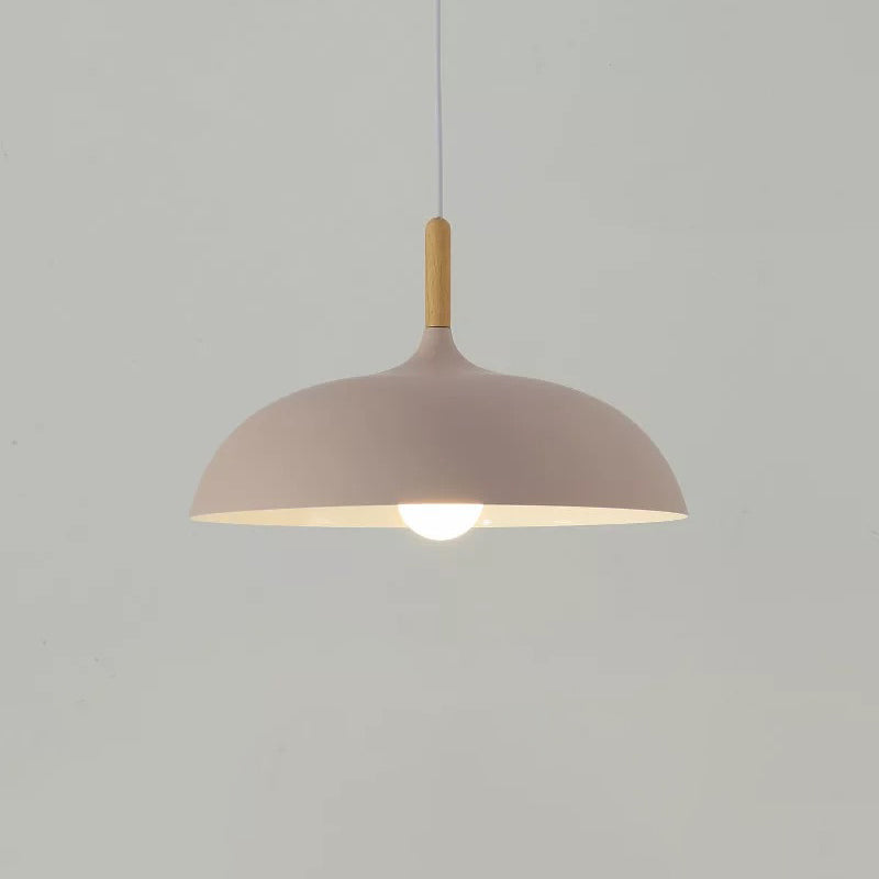 Modern Metal Macaron Dome Hanging Lamp - Dining Room Pendant Light With Wood Accent