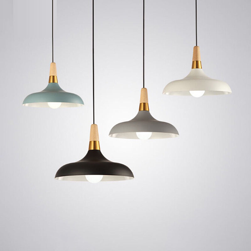 Modern Metal Barn Pendant Light With Wood Grip - 1-Light Ceiling Lamp