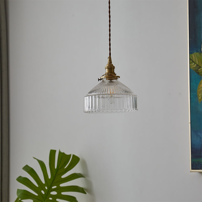 Rachele - Rustic Barn Shade Pendant Lamp 1-Light Clear Ribbed Glass Ceiling Suspension Light