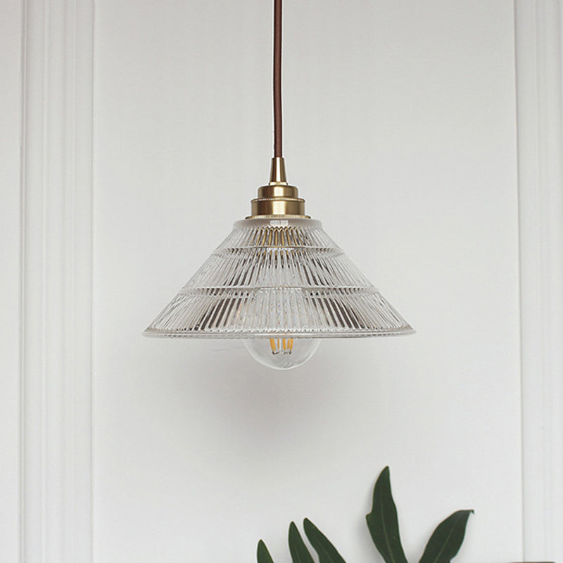 Industrial Brass Cone Pendant Ceiling Light With Clear Ribbed Glass Drop For Dining Room