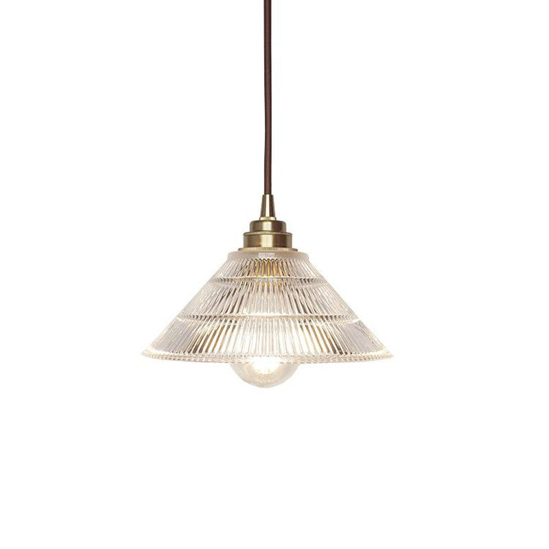 Industrial Brass Cone Pendant Ceiling Light With Clear Ribbed Glass Drop For Dining Room