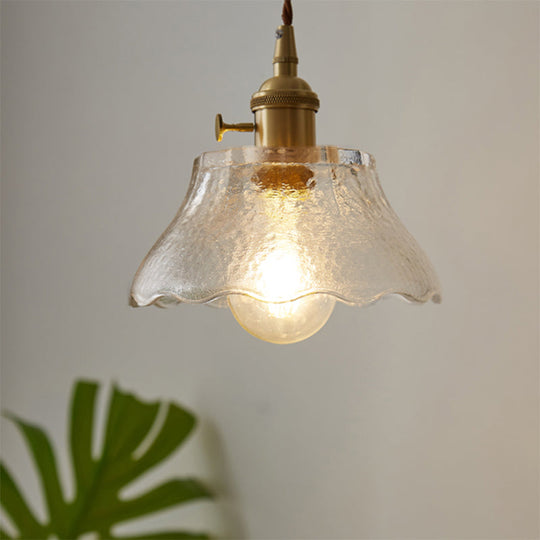 Modern Farmhouse Brass Scalloped 1-Light Suspension Lamp With Water Glass: Hanging Light
