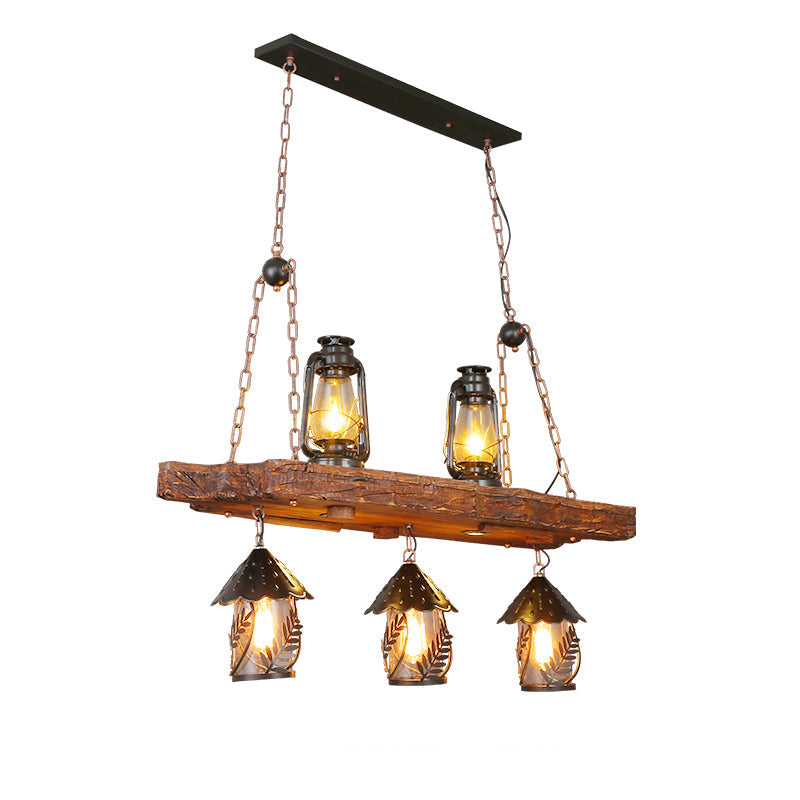 Leaf Pattern Wood Lantern Chandelier - Stylish Metallic Lighting For Restaurants