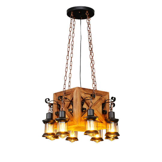 Leaf Pattern Wood Lantern Chandelier - Stylish Metallic Lighting For Restaurants / A