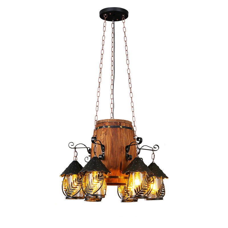 Leaf Pattern Wood Lantern Chandelier - Stylish Metallic Lighting For Restaurants / C
