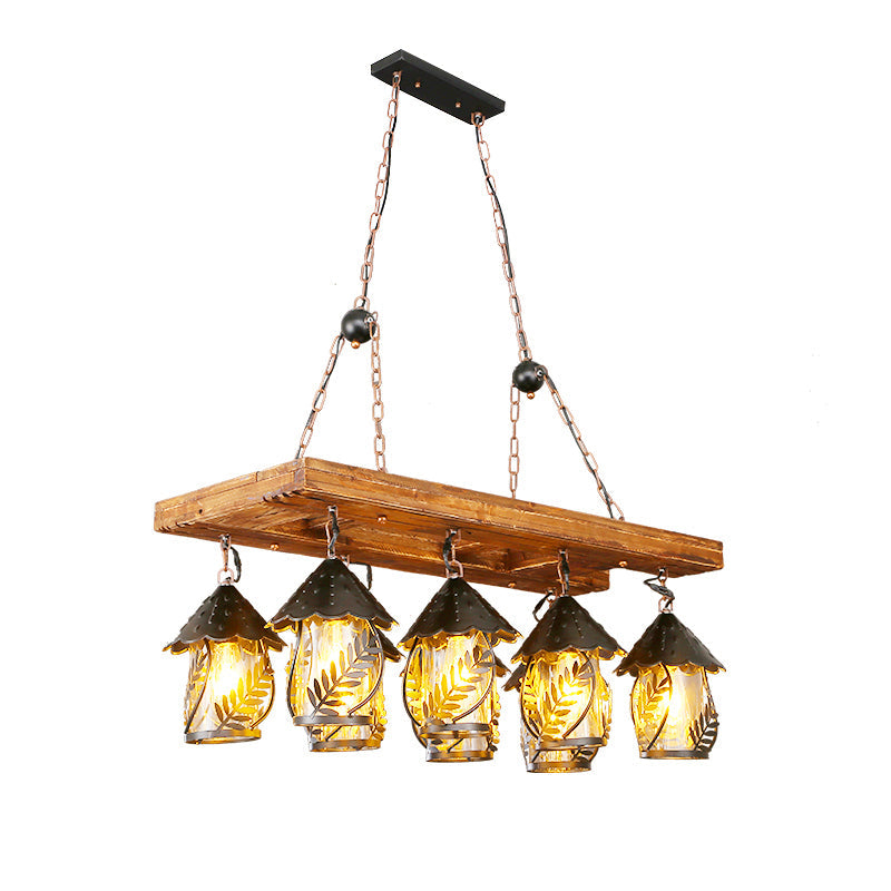 Leaf Pattern Wood Lantern Chandelier - Stylish Metallic Lighting For Restaurants / D