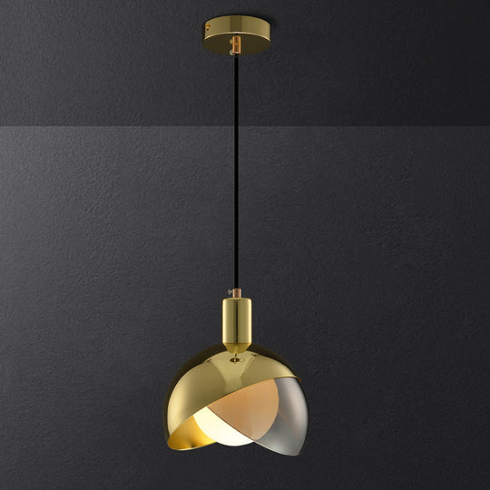 Modernist Metal Pendant Lamp With Inner Opal Glass Shade - Split Dome Design 1-Light Fixture