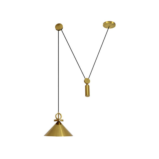 Modern Brass Metal Kitchen Pendant Lamp With Pulley Suspension - Conic Drop Design