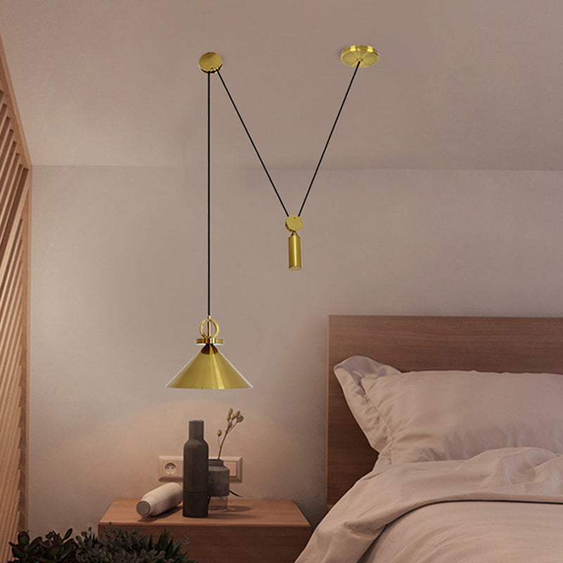 Modern Brass Metal Kitchen Pendant Lamp With Pulley Suspension - Conic Drop Design