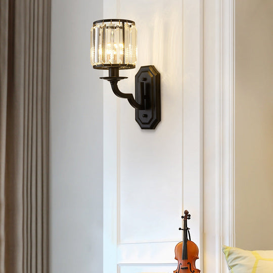 Rustic Black Wall Sconce With Faceted Crystal Drum Shade