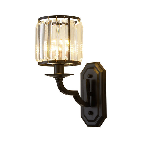 Rustic Black Wall Sconce With Faceted Crystal Drum Shade