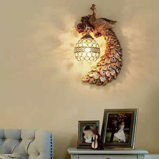 Classic Crystal Spherical Wall Lamp With Resin Peacock Backplate - 1-Light Fixture Gold