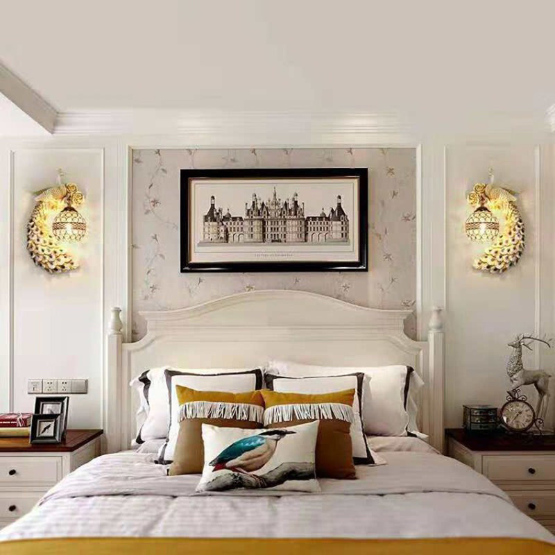 Classic Crystal Spherical Wall Lamp With Resin Peacock Backplate - 1-Light Fixture Beige