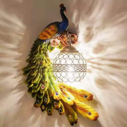Peacock Resin Wall Sconce With Crystal Embedded Globe Shade Green / Left