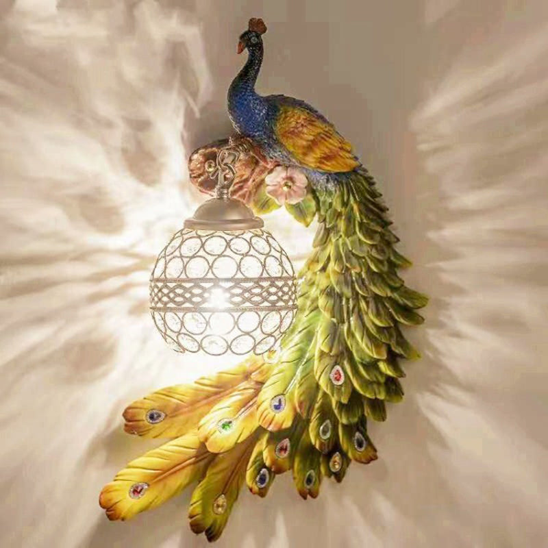 Peacock Resin Wall Sconce With Crystal Embedded Globe Shade