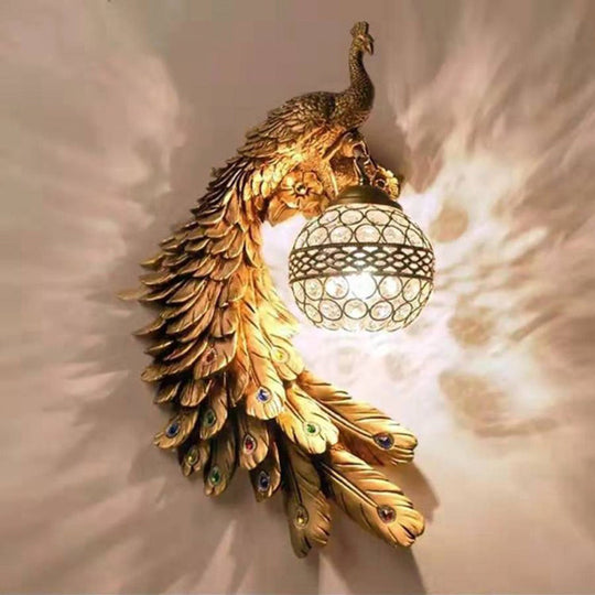 Peacock Resin Wall Sconce With Crystal Embedded Globe Shade Gold / Left