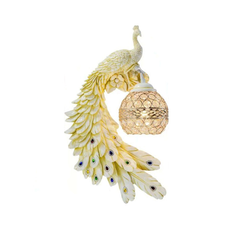 Peacock Resin Wall Sconce With Crystal Embedded Globe Shade White / Left