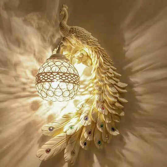 Peacock Resin Wall Sconce With Crystal Embedded Globe Shade White / Right